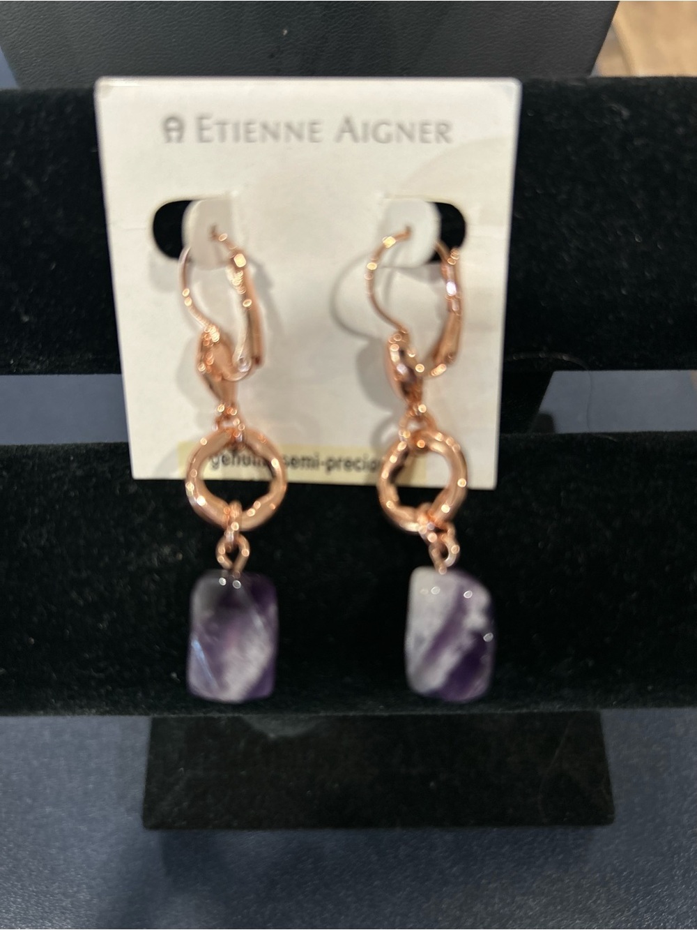 Etienne Aigner Rose Gold & Semi Precious Purple Amethyst Dangle Earrings - Picture 4 of 5